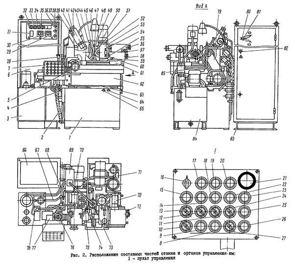 Розташування основних вузлів та органів керування безцентрово-шліфувального верстата 3Е180В Розташування основних вузлів та органів керування безцентрово-шліфувального верстата 3Е180В